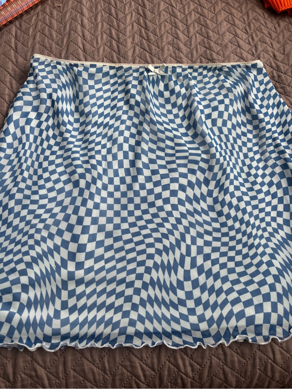 wild fable Blue and White Checkered Skater Skirt with Bow Trim